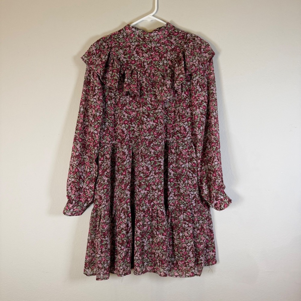 Nasty Gal Collection Floral Ruffle Mock Neck Mini Dress Brown Pink US 2 Long Slv